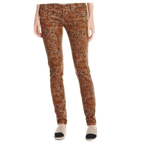 Prana Women Pants 8 Medium Skinny Corduroy Paisley Mid-Rise Brown Cotton - Picture 1 of 8